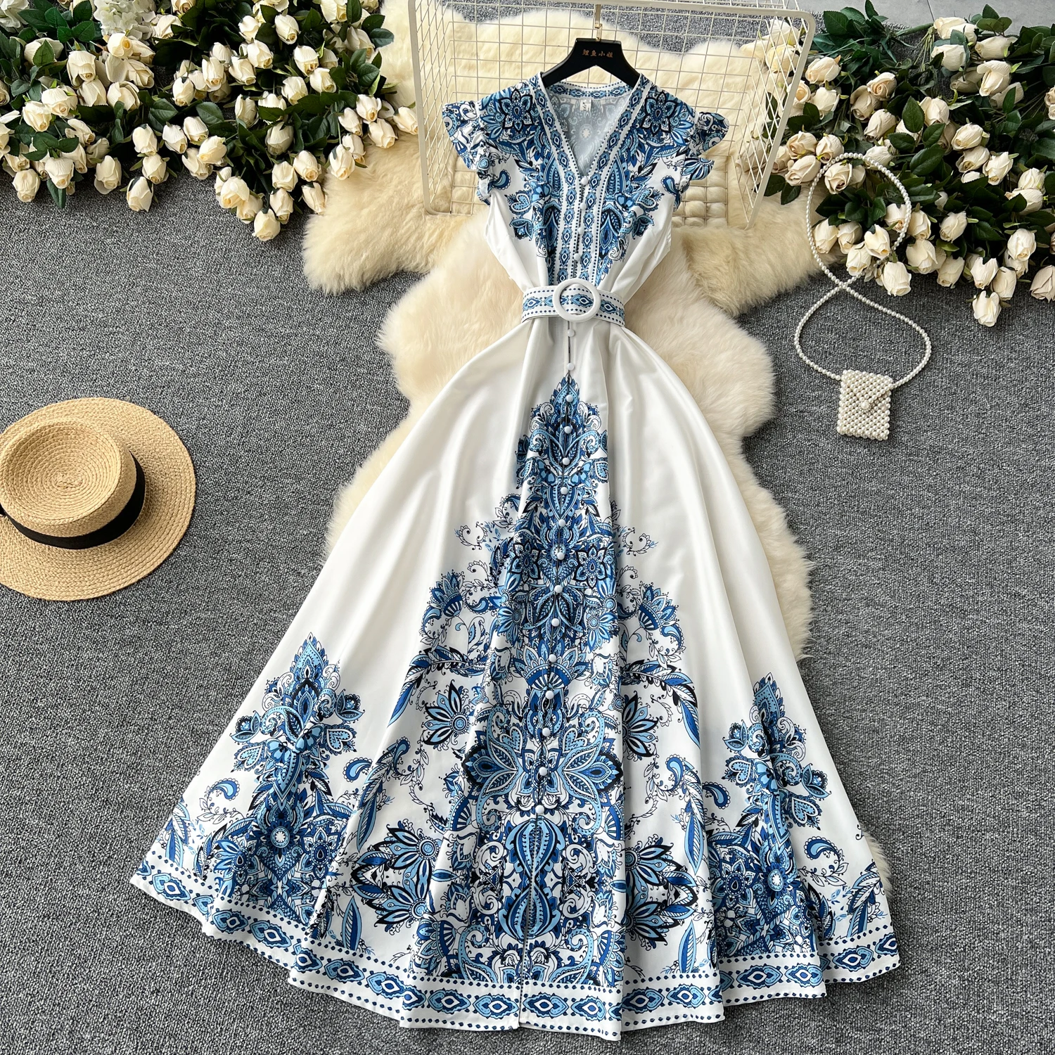 2024 Summer Women Clothing Runway Fashion Paisley Print Flying Sleeve V-Neck Single Breasted Belted Vintage Party Long Vestidos