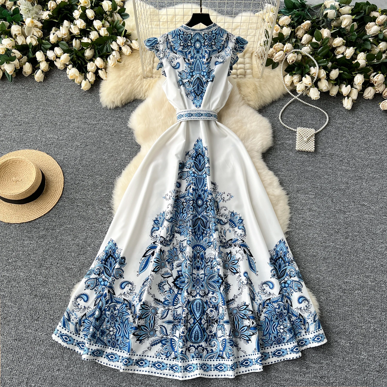 2024 Summer Women Clothing Runway Fashion Paisley Print Flying Sleeve V-Neck Single Breasted Belted Vintage Party Long Vestidos