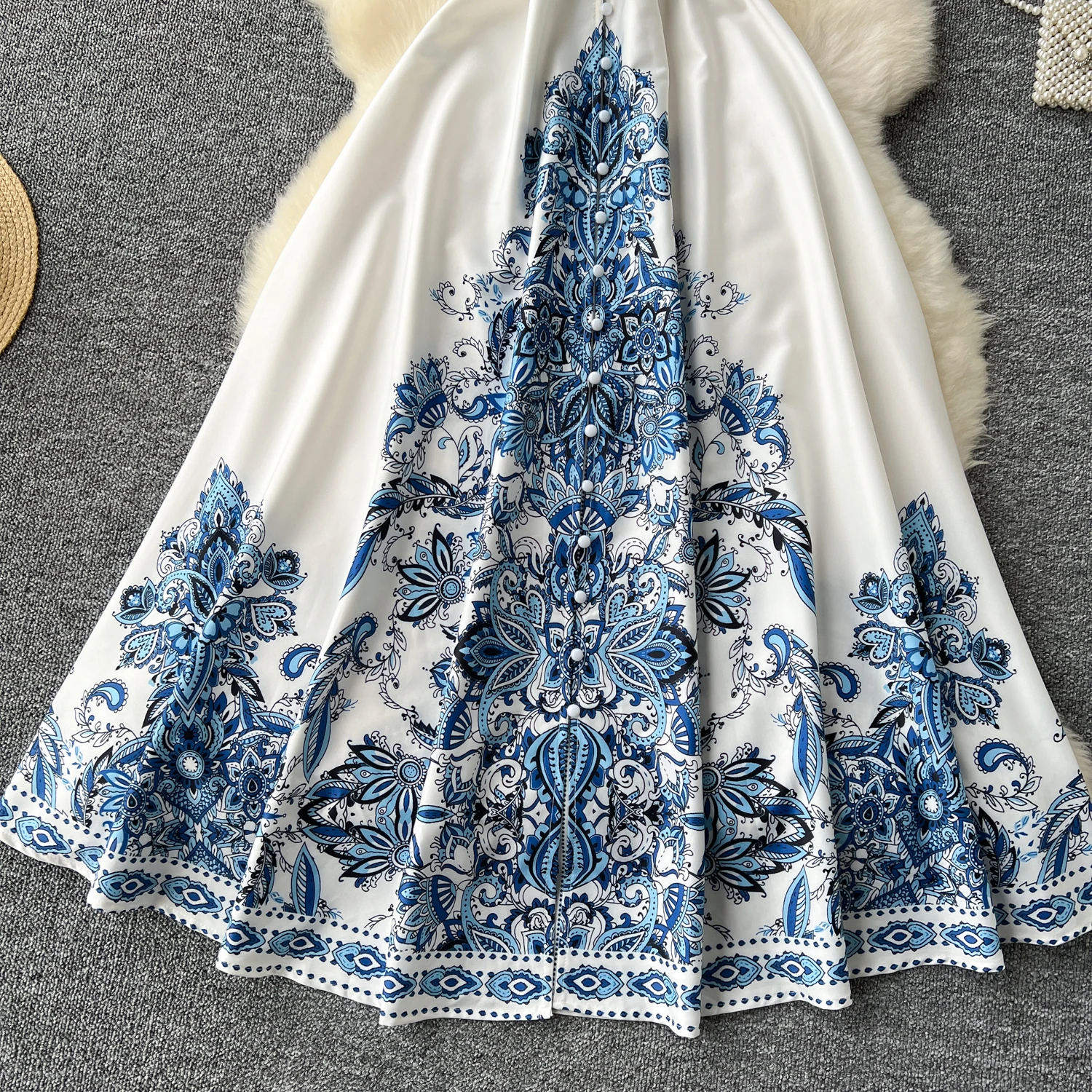 2024 Summer Women Clothing Runway Fashion Paisley Print Flying Sleeve V-Neck Single Breasted Belted Vintage Party Long Vestidos