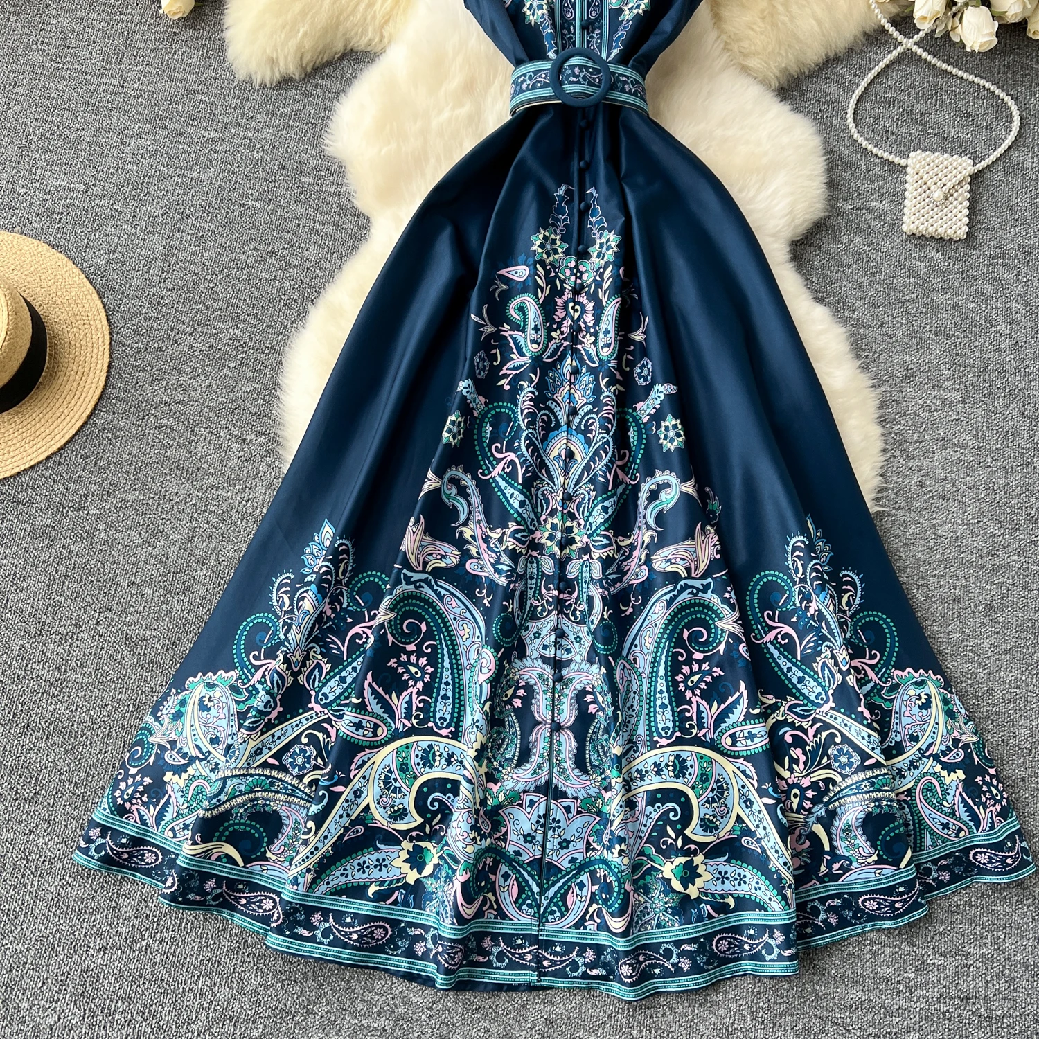 2024 Summer Women Clothing Runway Fashion Paisley Print Flying Sleeve V-Neck Single Breasted Belted Vintage Party Long Vestidos