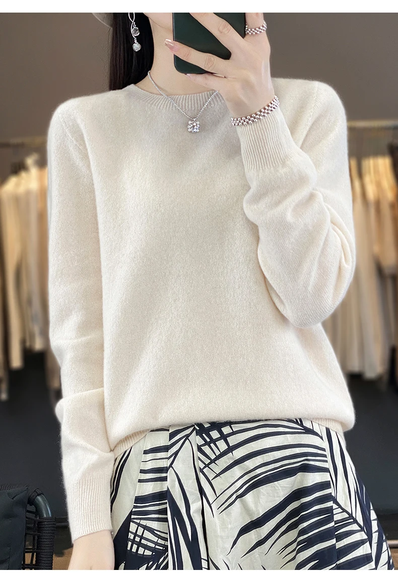 Women 100% Pure Merino Wool Knitted Sweater Autumn Winter Fashion O-Neck Pullover Seamless Jumper Tops Cashmere Warm Clothes