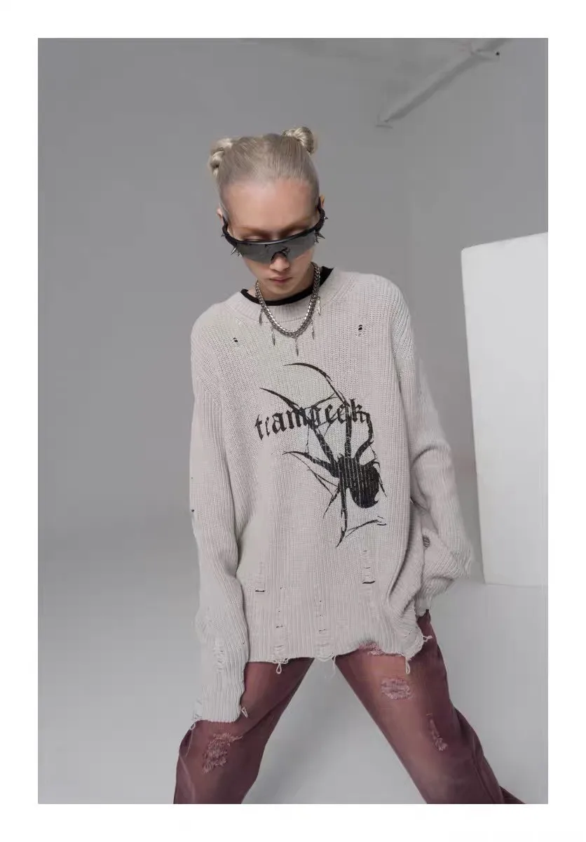 Karrcat Spider Print Harajuku Thick Sweater Women Gothic Vintage Ripped Grunge Y2k Jumper Streetwear Oversize Hiphop Pullover