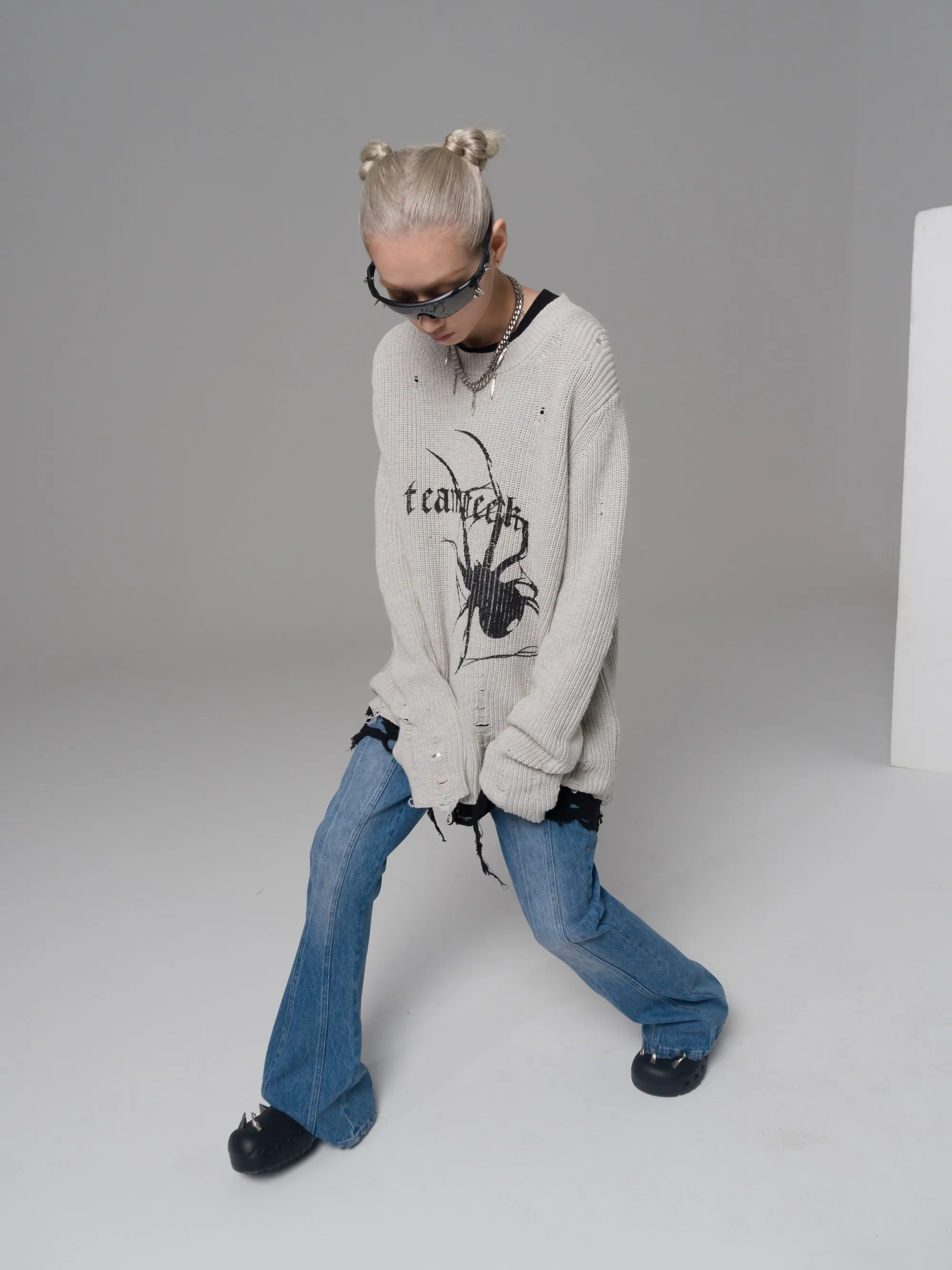 Karrcat Spider Print Harajuku Thick Sweater Women Gothic Vintage Ripped Grunge Y2k Jumper Streetwear Oversize Hiphop Pullover