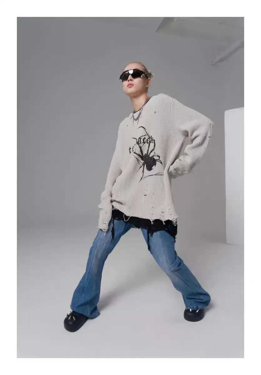 Karrcat Spider Print Harajuku Thick Sweater Women Gothic Vintage Ripped Grunge Y2k Jumper Streetwear Oversize Hiphop Pullover