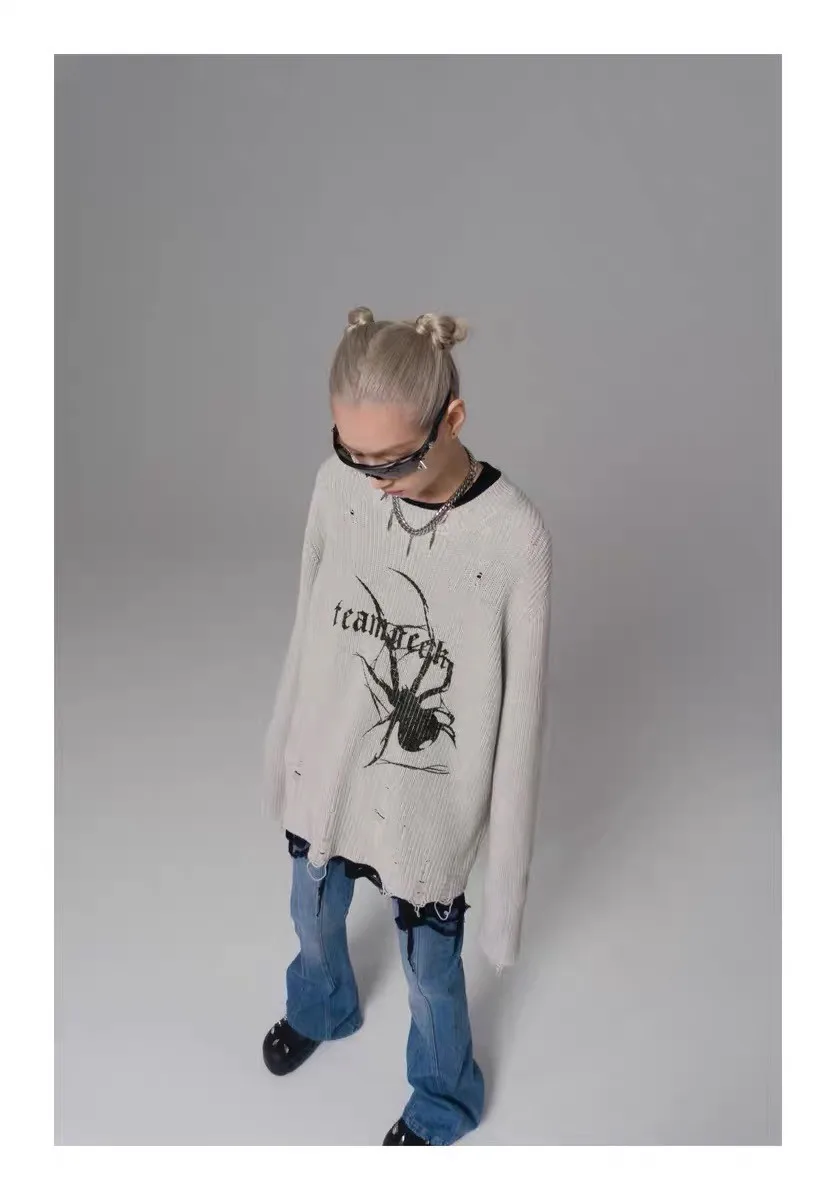 Karrcat Spider Print Harajuku Thick Sweater Women Gothic Vintage Ripped Grunge Y2k Jumper Streetwear Oversize Hiphop Pullover