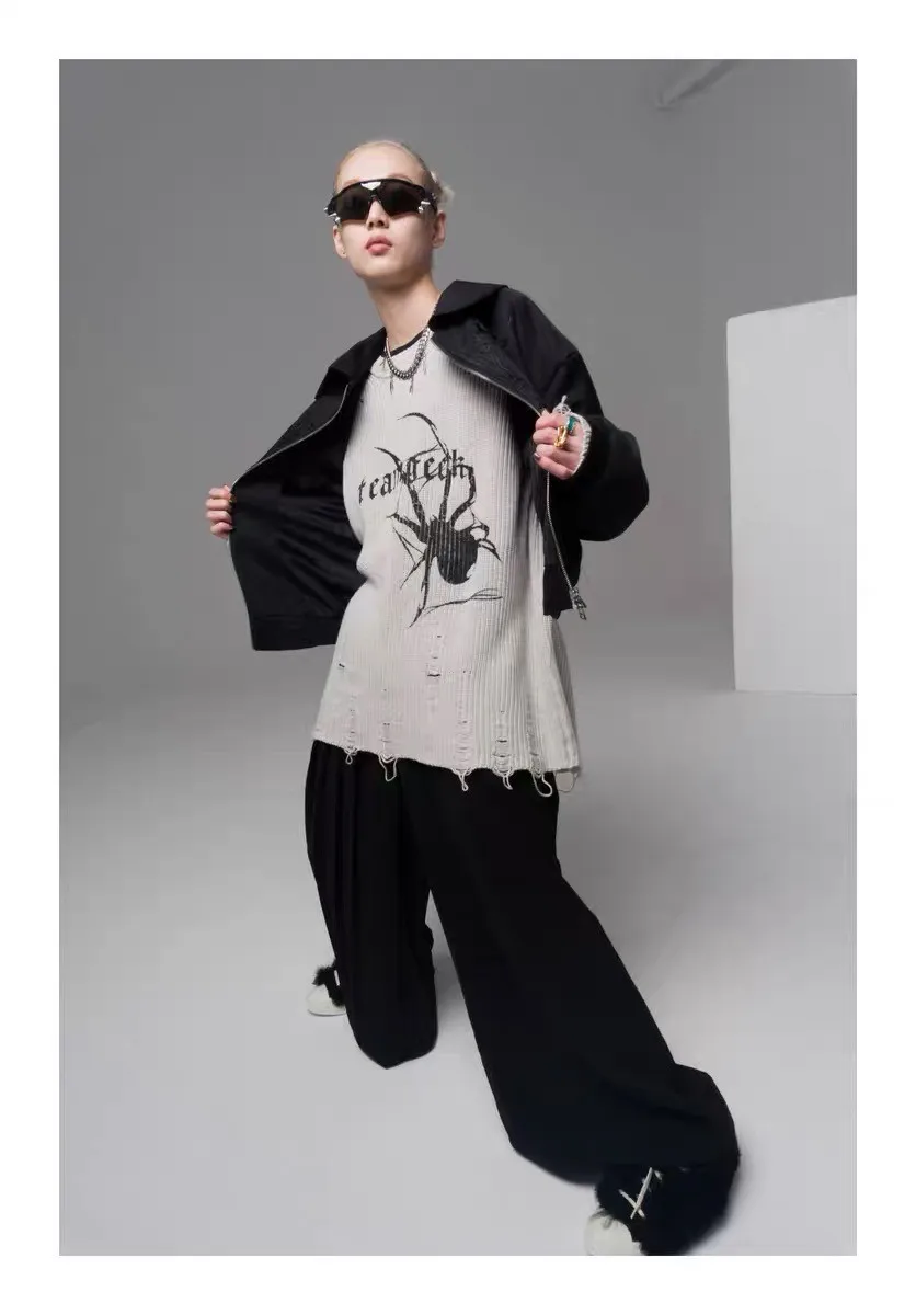 Karrcat Spider Print Harajuku Thick Sweater Women Gothic Vintage Ripped Grunge Y2k Jumper Streetwear Oversize Hiphop Pullover