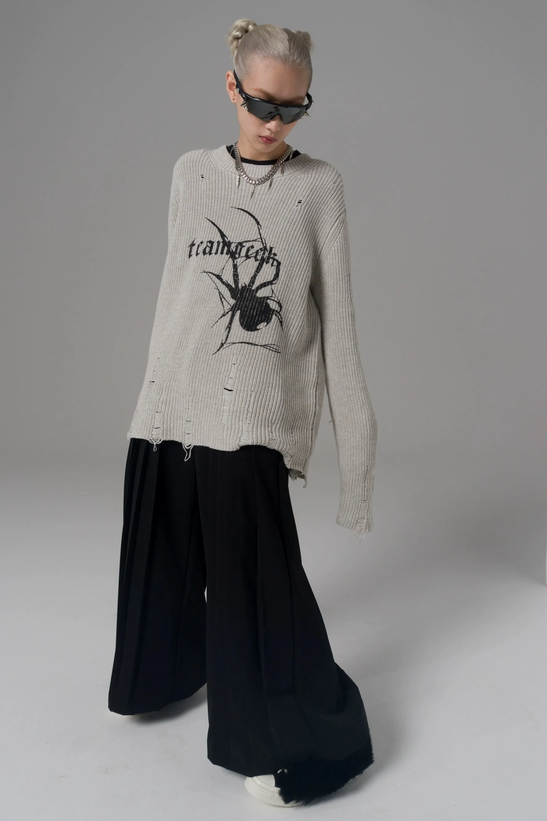 Karrcat Spider Print Harajuku Thick Sweater Women Gothic Vintage Ripped Grunge Y2k Jumper Streetwear Oversize Hiphop Pullover