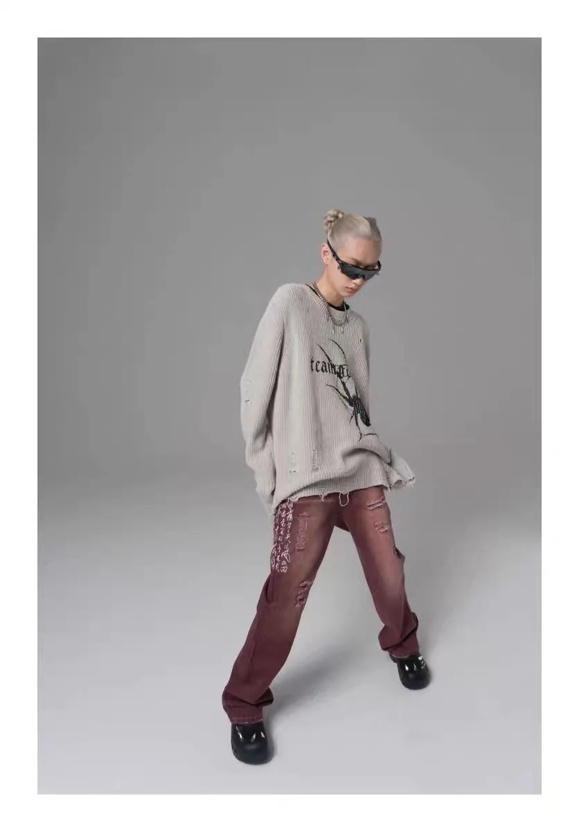 Karrcat Spider Print Harajuku Thick Sweater Women Gothic Vintage Ripped Grunge Y2k Jumper Streetwear Oversize Hiphop Pullover