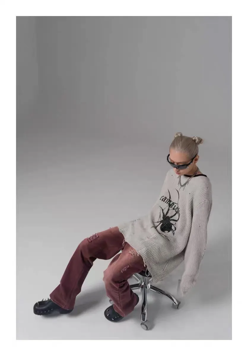 Karrcat Spider Print Harajuku Thick Sweater Women Gothic Vintage Ripped Grunge Y2k Jumper Streetwear Oversize Hiphop Pullover