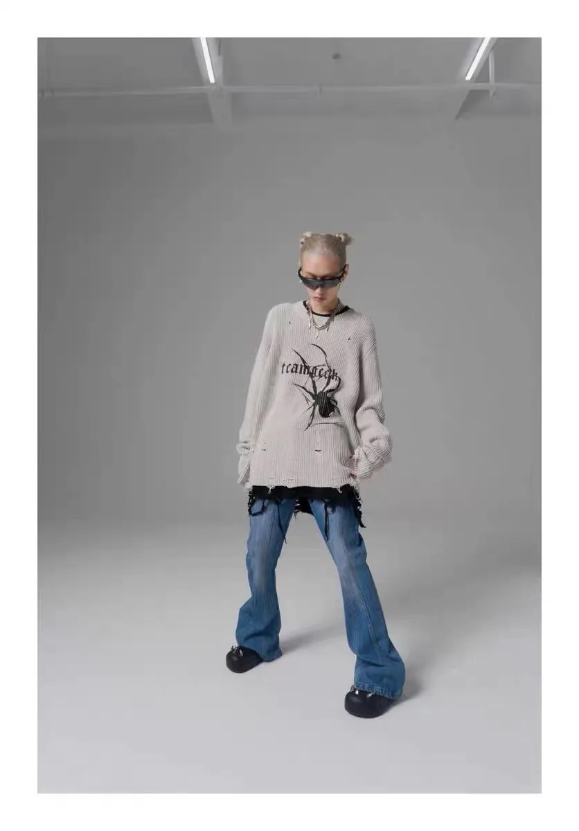 Karrcat Spider Print Harajuku Thick Sweater Women Gothic Vintage Ripped Grunge Y2k Jumper Streetwear Oversize Hiphop Pullover