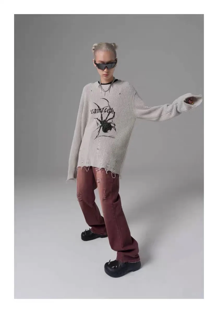 Karrcat Spider Print Harajuku Thick Sweater Women Gothic Vintage Ripped Grunge Y2k Jumper Streetwear Oversize Hiphop Pullover