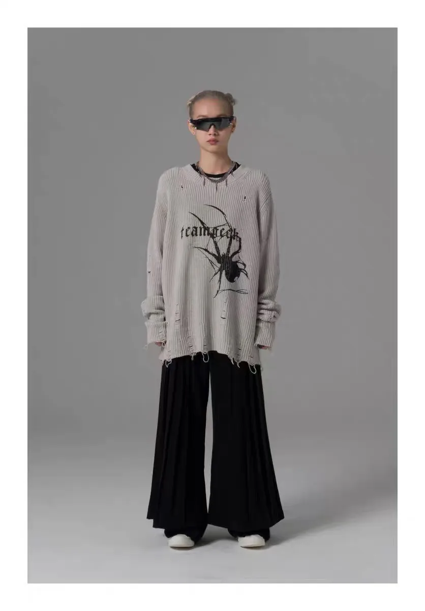 Karrcat Spider Print Harajuku Thick Sweater Women Gothic Vintage Ripped Grunge Y2k Jumper Streetwear Oversize Hiphop Pullover