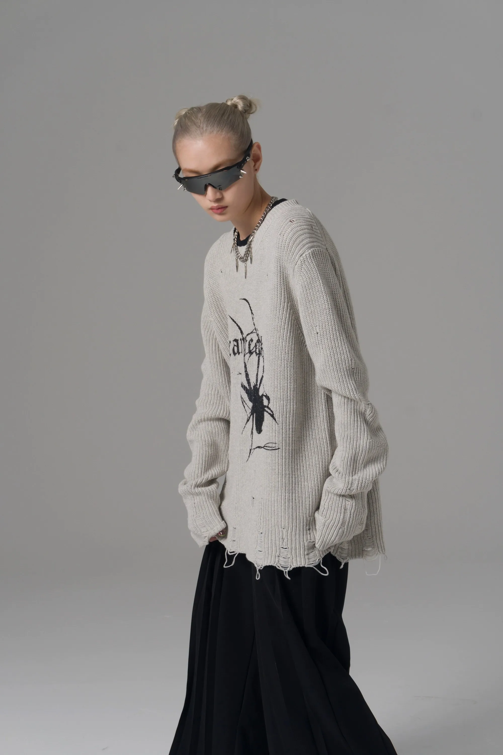 Karrcat Spider Print Harajuku Thick Sweater Women Gothic Vintage Ripped Grunge Y2k Jumper Streetwear Oversize Hiphop Pullover