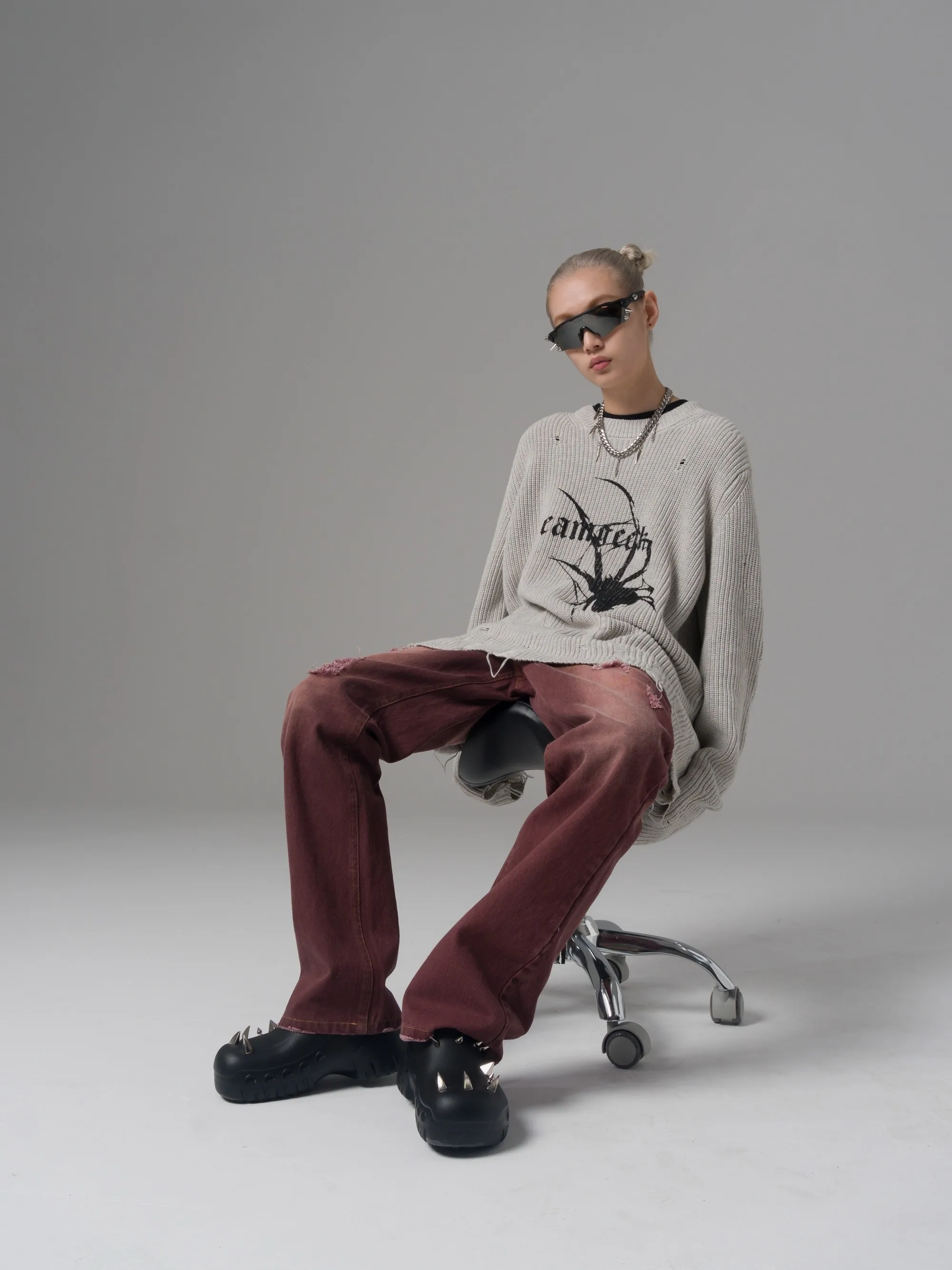 Karrcat Spider Print Harajuku Thick Sweater Women Gothic Vintage Ripped Grunge Y2k Jumper Streetwear Oversize Hiphop Pullover