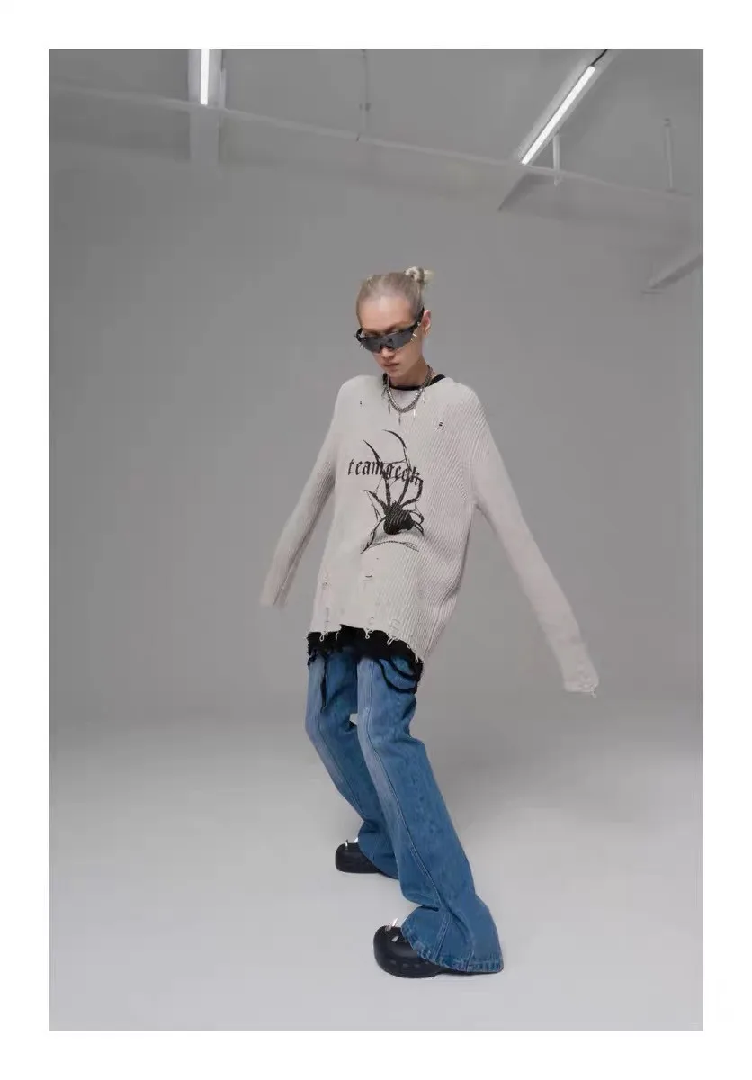 Karrcat Spider Print Harajuku Thick Sweater Women Gothic Vintage Ripped Grunge Y2k Jumper Streetwear Oversize Hiphop Pullover