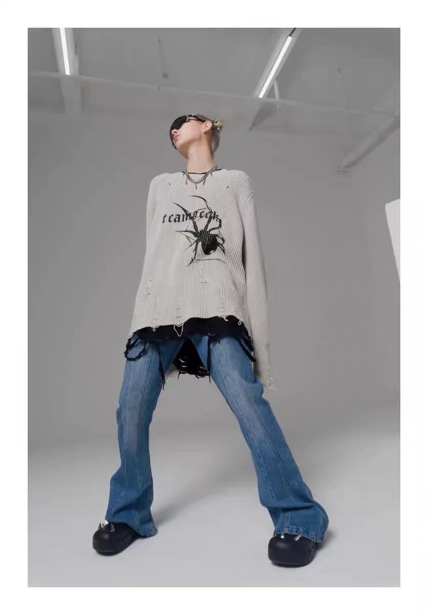 Karrcat Spider Print Harajuku Thick Sweater Women Gothic Vintage Ripped Grunge Y2k Jumper Streetwear Oversize Hiphop Pullover