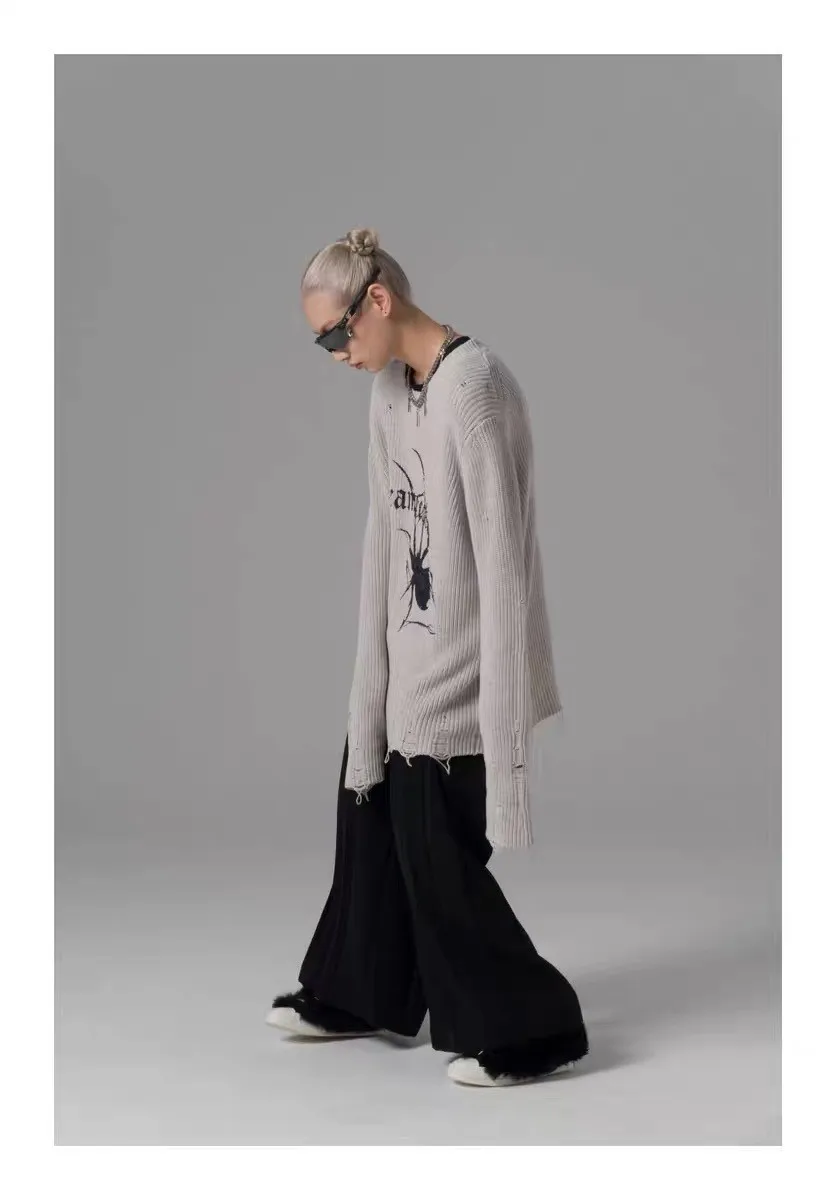 Karrcat Spider Print Harajuku Thick Sweater Women Gothic Vintage Ripped Grunge Y2k Jumper Streetwear Oversize Hiphop Pullover