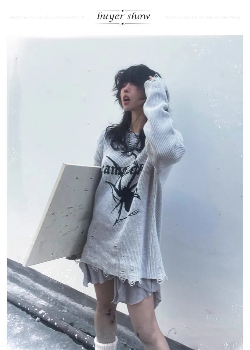 Karrcat Spider Print Harajuku Thick Sweater Women Gothic Vintage Ripped Grunge Y2k Jumper Streetwear Oversize Hiphop Pullover