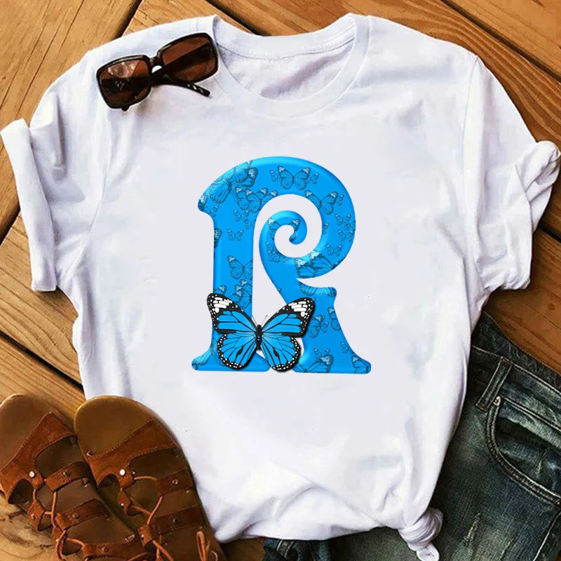 26 English Letters Butterfly Print T-shirt Short Sleeve Women Oversized T Shirt Tops Graphic T Shirts Harajuku