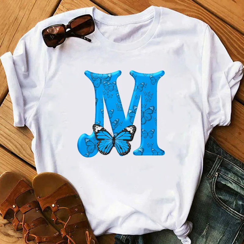 26 English Letters Butterfly Print T-shirt Short Sleeve Women Oversized T Shirt Tops Graphic T Shirts Harajuku
