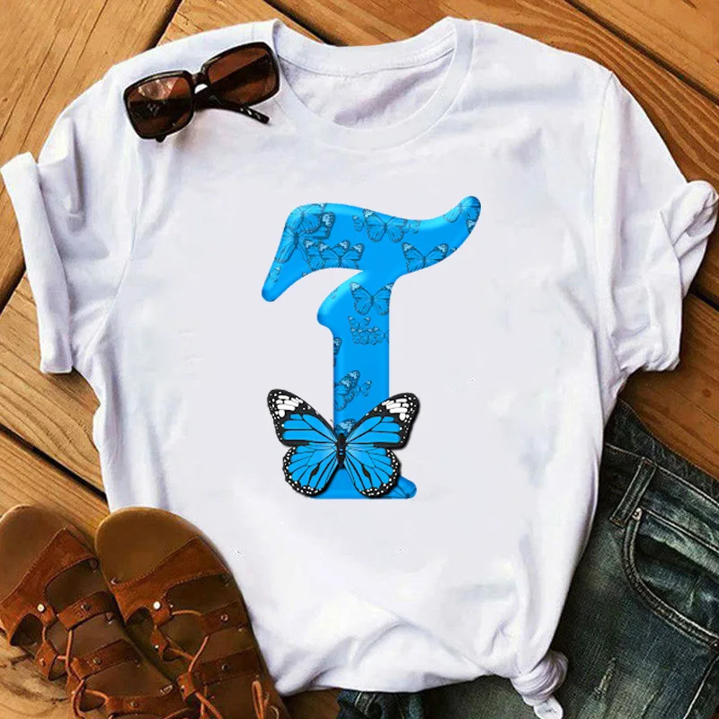 26 English Letters Butterfly Print T-shirt Short Sleeve Women Oversized T Shirt Tops Graphic T Shirts Harajuku