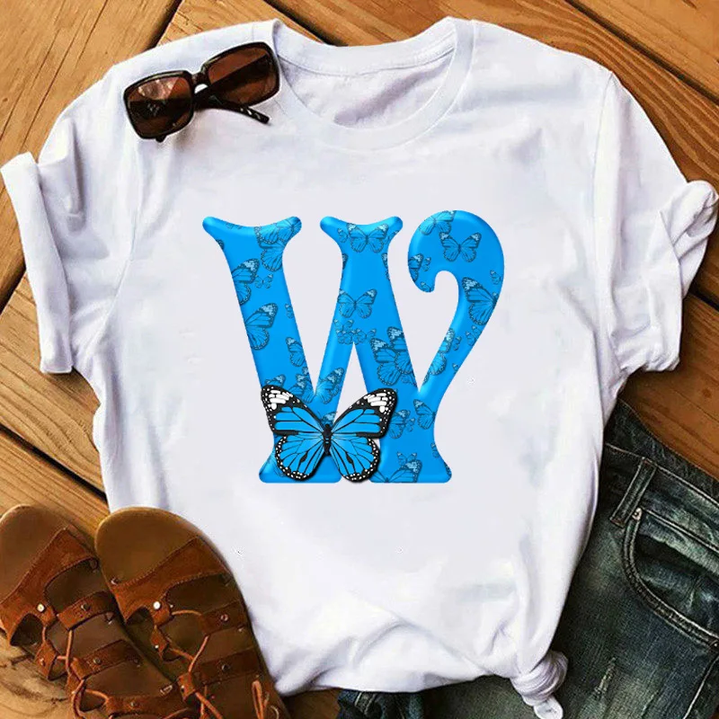 26 English Letters Butterfly Print T-shirt Short Sleeve Women Oversized T Shirt Tops Graphic T Shirts Harajuku