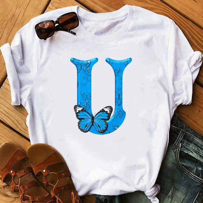 26 English Letters Butterfly Print T-shirt Short Sleeve Women Oversized T Shirt Tops Graphic T Shirts Harajuku