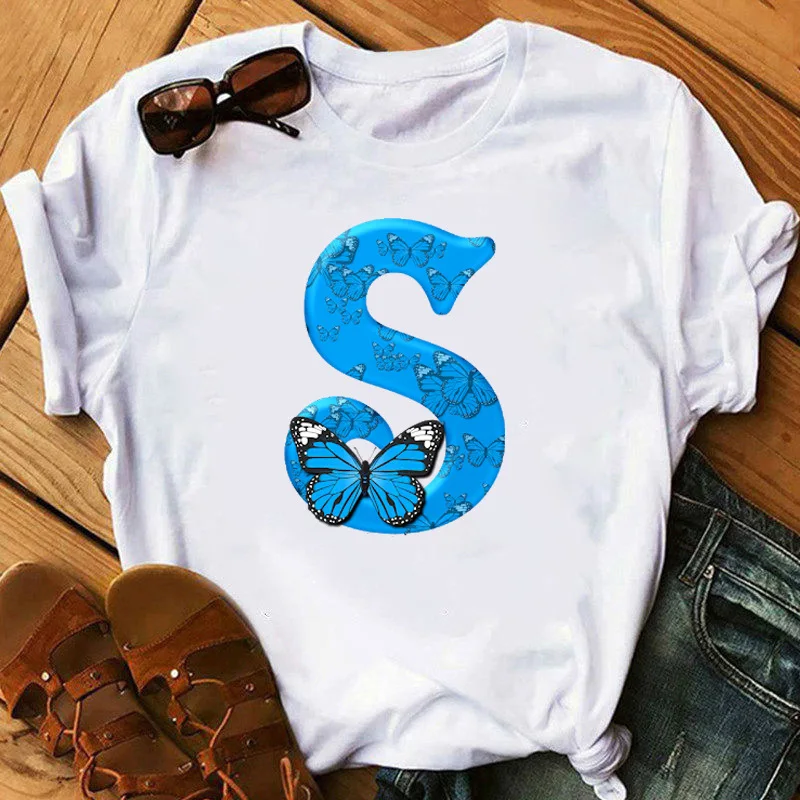 26 English Letters Butterfly Print T-shirt Short Sleeve Women Oversized T Shirt Tops Graphic T Shirts Harajuku