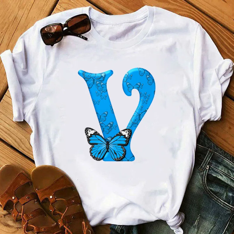 26 English Letters Butterfly Print T-shirt Short Sleeve Women Oversized T Shirt Tops Graphic T Shirts Harajuku