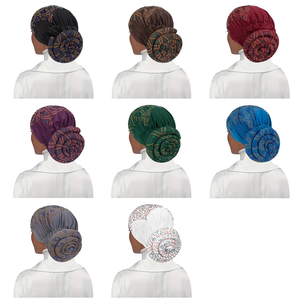 Full Diamonds Women's Donut Turban Cap Elastic Muslim Headscarf Bonnet Female Headband Hat African Caps Lady Hair Accessories