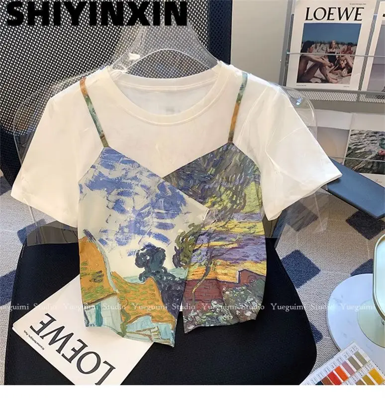 Vintage Oil Painting Chic T Shirts Fake Two Pieces Lovely Crop Top Sweet Women Girls Summer Short Sleeve Tees Korean Streetwear