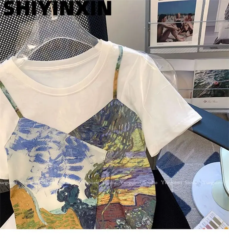 Vintage Oil Painting Chic T Shirts Fake Two Pieces Lovely Crop Top Sweet Women Girls Summer Short Sleeve Tees Korean Streetwear