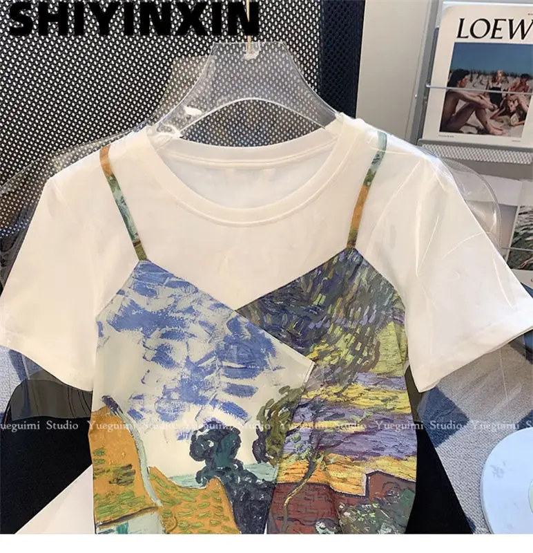 Vintage Oil Painting Chic T Shirts Fake Two Pieces Lovely Crop Top Sweet Women Girls Summer Short Sleeve Tees Korean Streetwear