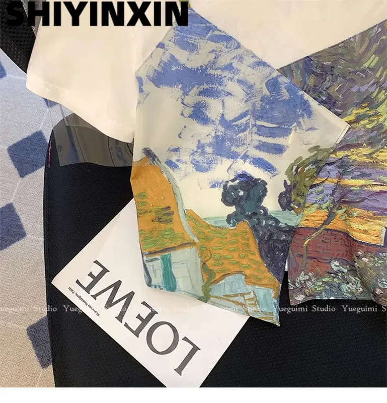 Vintage Oil Painting Chic T Shirts Fake Two Pieces Lovely Crop Top Sweet Women Girls Summer Short Sleeve Tees Korean Streetwear