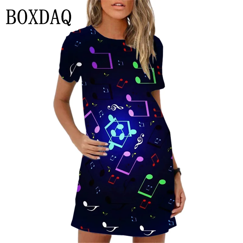 Summer Women Dress 3D Music Notes Patterns Print Mini Dress Streetwear Clothing Casual Short Sleeve Girls Woman Dress