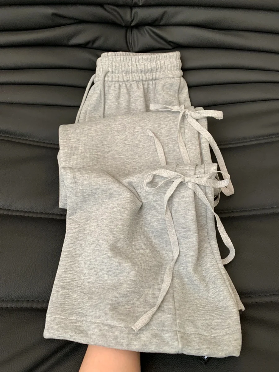 Korean Style Grey Sweatpants Women Spring Vintage Bow Lace-up Straight Wide Leg Pants Fashion Trend Loose Long Pants