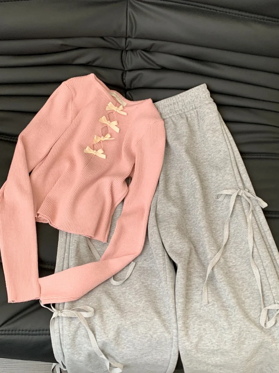 Korean Style Grey Sweatpants Women Spring Vintage Bow Lace-up Straight Wide Leg Pants Fashion Trend Loose Long Pants