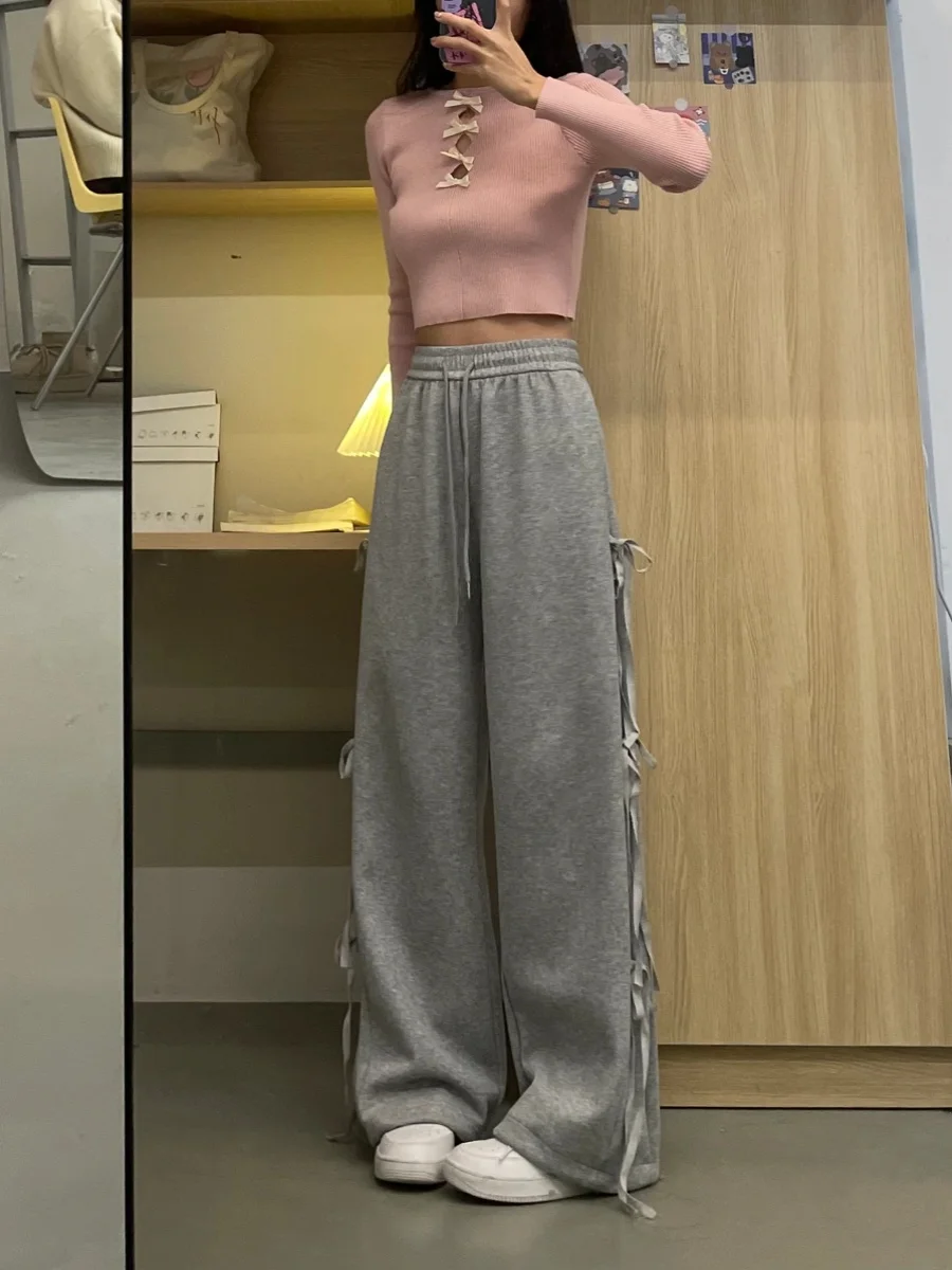 Korean Style Grey Sweatpants Women Spring Vintage Bow Lace-up Straight Wide Leg Pants Fashion Trend Loose Long Pants