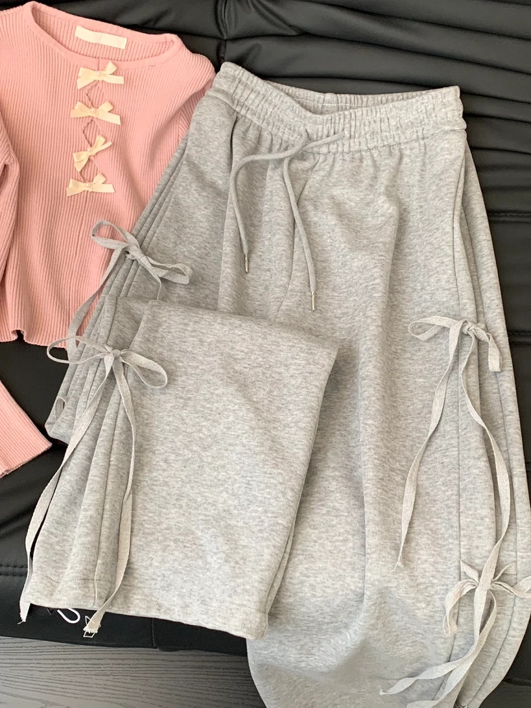 Korean Style Grey Sweatpants Women Spring Vintage Bow Lace-up Straight Wide Leg Pants Fashion Trend Loose Long Pants