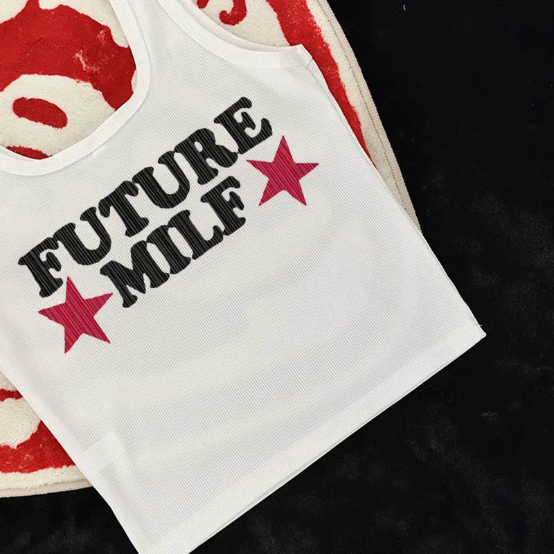 Vintage Sexy Star Future Milf Graphic Print Tank Top Women American Retro Y2k Crop Tops Short Sleeve T-shirts Streetwear