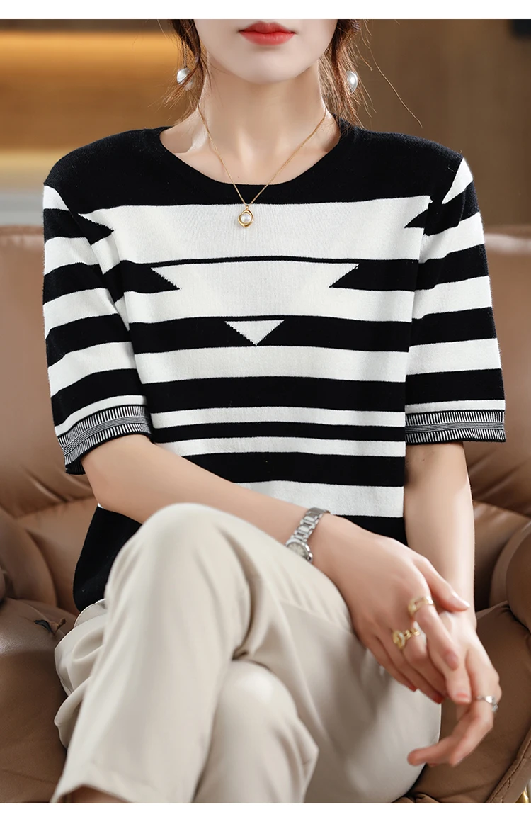 Women's T-shirt Spring/Summer 100% Cotton Knitwear Casual Striped Pullover Short Sleeve Round Neck Tees Loose Blouse