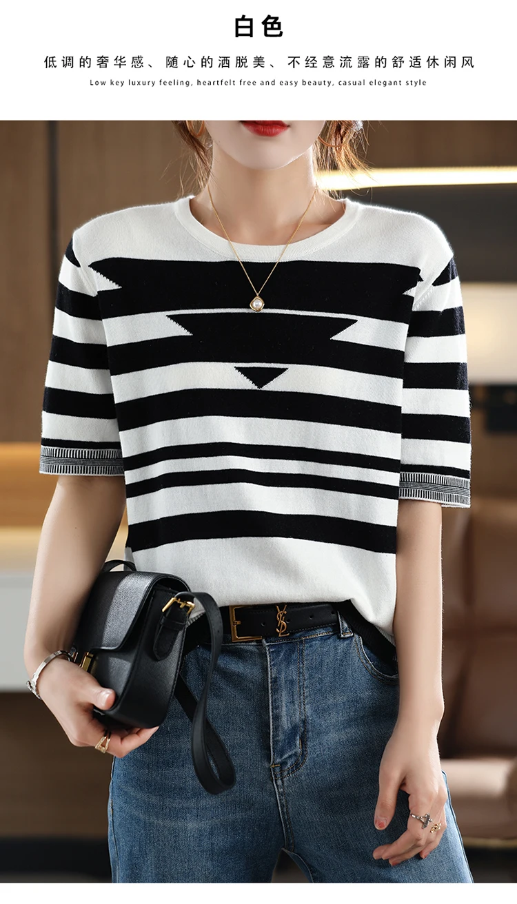 Women's T-shirt Spring/Summer 100% Cotton Knitwear Casual Striped Pullover Short Sleeve Round Neck Tees Loose Blouse