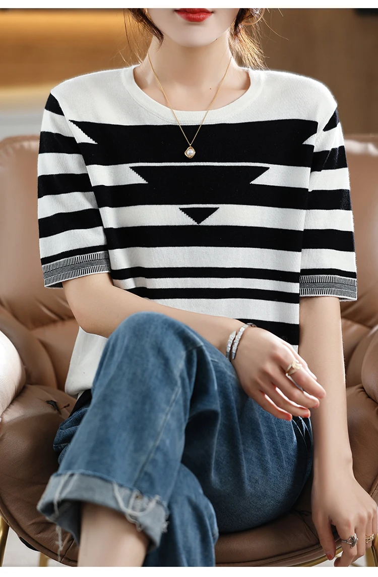 Women's T-shirt Spring/Summer 100% Cotton Knitwear Casual Striped Pullover Short Sleeve Round Neck Tees Loose Blouse