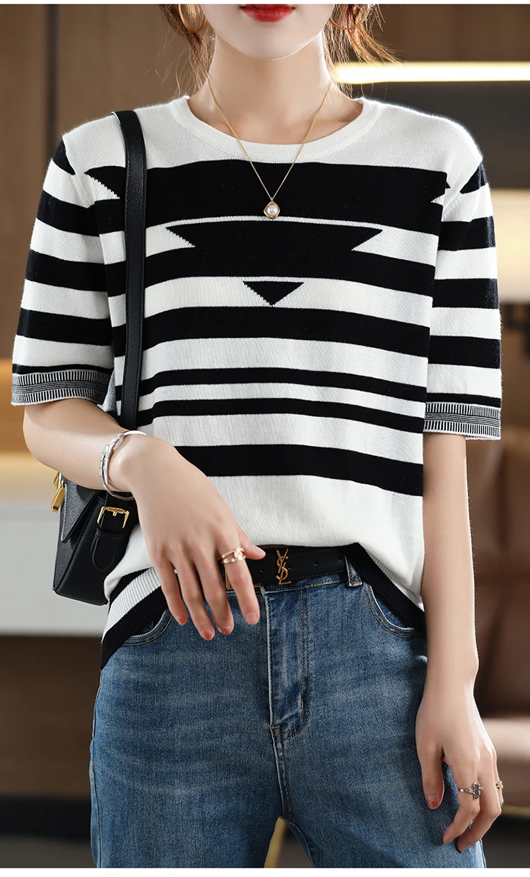 Women's T-shirt Spring/Summer 100% Cotton Knitwear Casual Striped Pullover Short Sleeve Round Neck Tees Loose Blouse