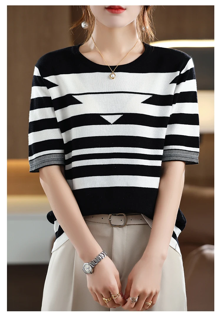 Women's T-shirt Spring/Summer 100% Cotton Knitwear Casual Striped Pullover Short Sleeve Round Neck Tees Loose Blouse