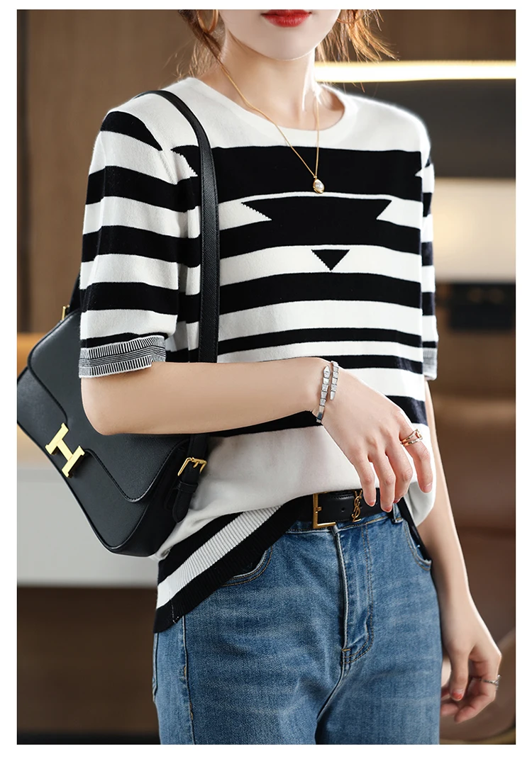 Women's T-shirt Spring/Summer 100% Cotton Knitwear Casual Striped Pullover Short Sleeve Round Neck Tees Loose Blouse