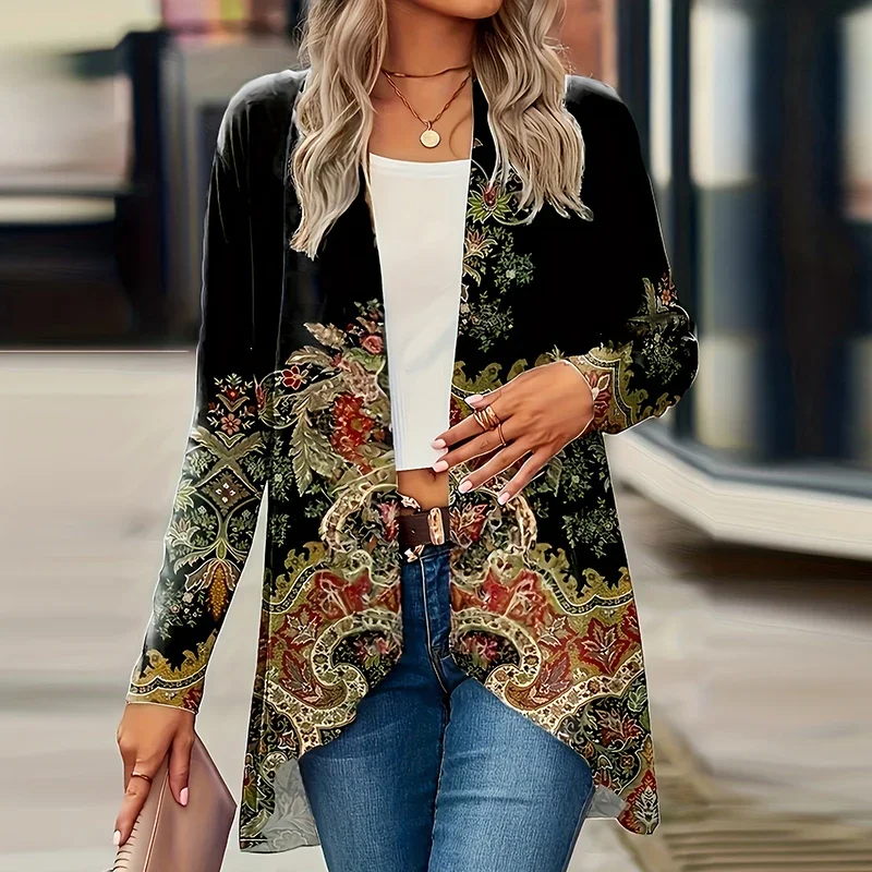 Elegant Cardigan For Women's Coats Fashion Women Jacket Turn Down Collar Vintage Print Jackets For Women Casual Loose Thin Tops
