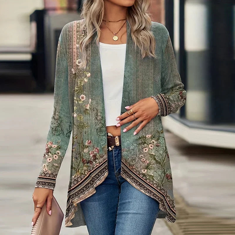 Elegant Cardigan For Women's Coats Fashion Women Jacket Turn Down Collar Vintage Print Jackets For Women Casual Loose Thin Tops