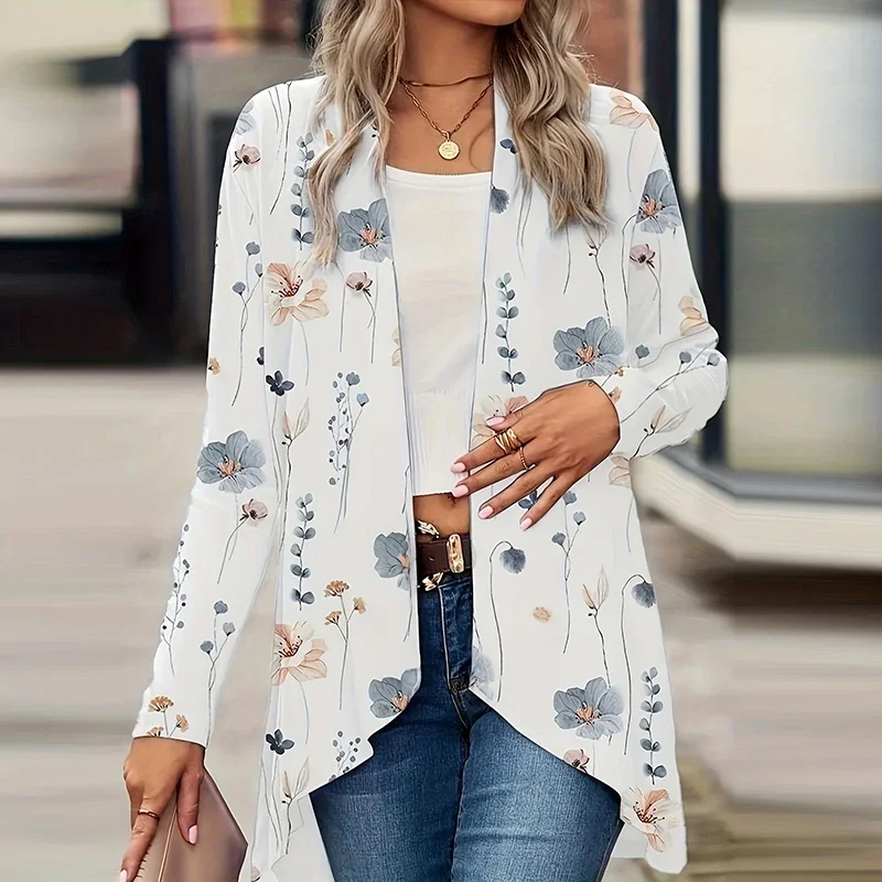 Elegant Cardigan For Women's Coats Fashion Women Jacket Turn Down Collar Vintage Print Jackets For Women Casual Loose Thin Tops