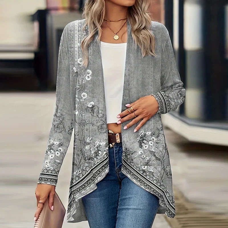 Elegant Cardigan For Women's Coats Fashion Women Jacket Turn Down Collar Vintage Print Jackets For Women Casual Loose Thin Tops